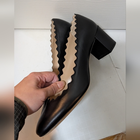 Chloe Lauren Black Leather Scalloped Slip On Block Heel Pumps Size 37 Us 7 - Picture 2 of 7